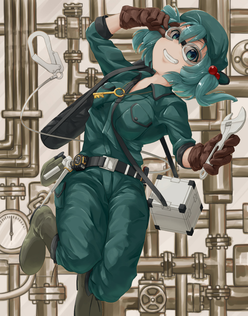 1girl absurdres adjusting_eyewear alternate_costume aqua_eyes aqua_hair belt boots breasts brown_gloves full_body gloves goggles grin hair_bobbles hair_ornament hand_up highres holding kawashiro_nitori key kokko361 long_sleeves looking_at_viewer medium_breasts overalls pipes pocket smile solo steampunk teeth toolbox touhou two_side_up wrench