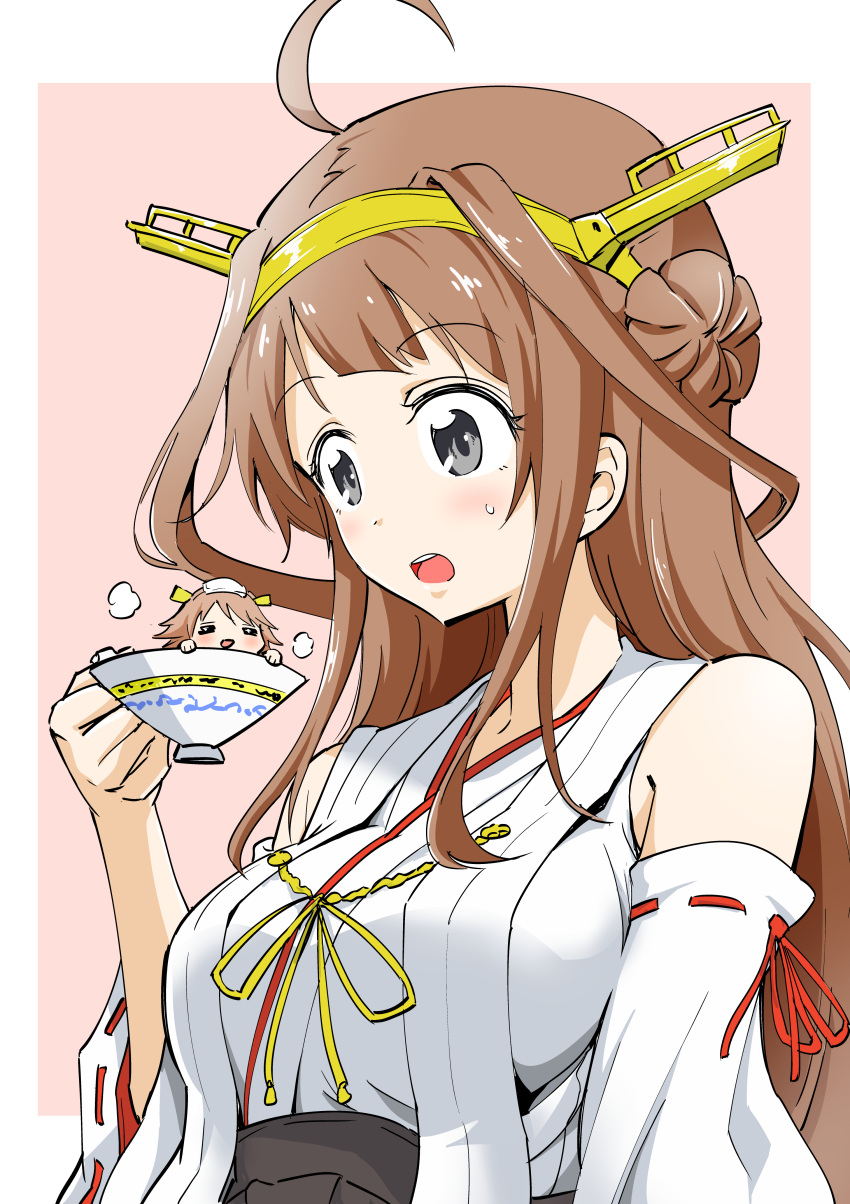 2girls =_= absurdres ahoge black_eyes braid brown_hair cup detached_sleeves headgear hiei_(kantai_collection) highres japanese_clothes kantai_collection kongou_(kantai_collection) long_hair minigirl multiple_girls nontraditional_miko open_mouth sweatdrop takano_yuuya teacup towel towel_on_head wide_sleeves