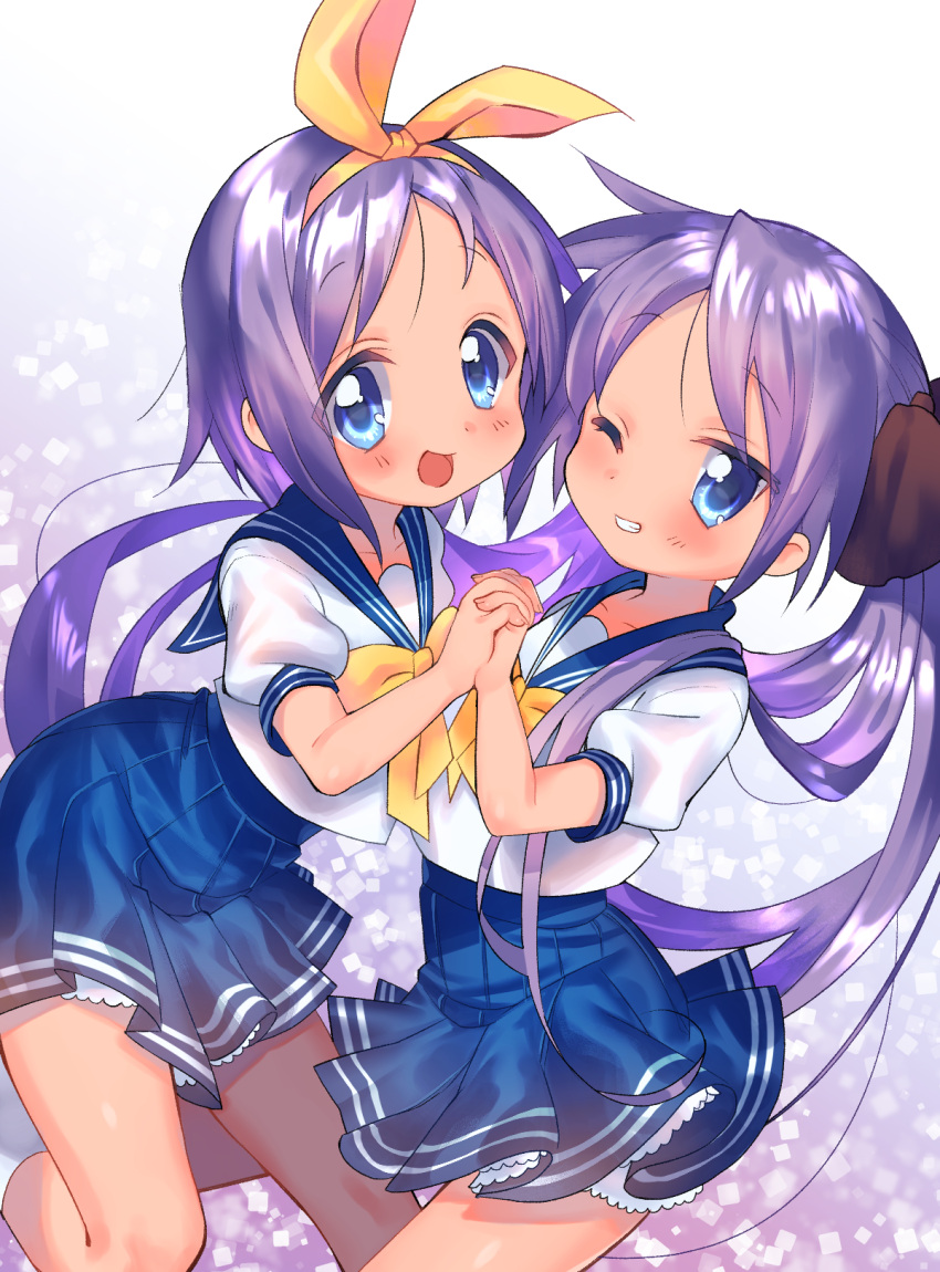 2girls :d bangs blue_eyes blue_sailor_collar blue_skirt blush bow eyebrows_visible_through_hair from_side hair_bow hairband hand_holding highres hiiragi_kagami hiiragi_tsukasa interlocked_fingers long_hair looking_at_viewer lucky_star mozu_1oo multiple_girls one_eye_closed open_mouth parted_lips pleated_skirt puffy_short_sleeves puffy_sleeves purple_hair sailor_collar school_uniform serafuku shirt short_sleeves skirt smile twintails white_shirt