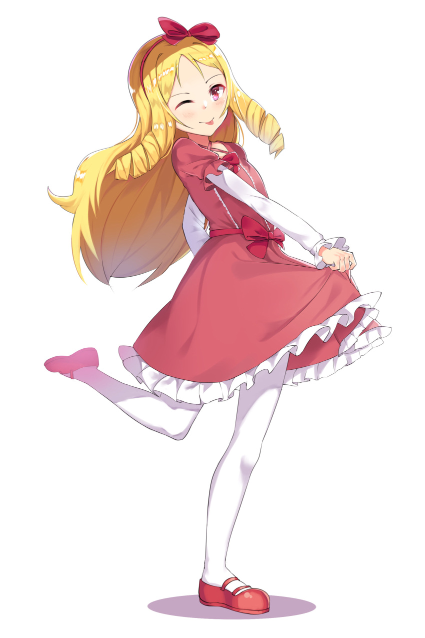 1girl ;p absurdres blonde_hair blush bow dress drill_hair eromanga_sensei full_body hair_bow highres long_hair looking_at_viewer one_eye_closed pantyhose pink_eyes red_bow red_dress rudestewing simple_background smile solo standing standing_on_one_leg tongue tongue_out twin_drills white_background white_legwear yamada_elf