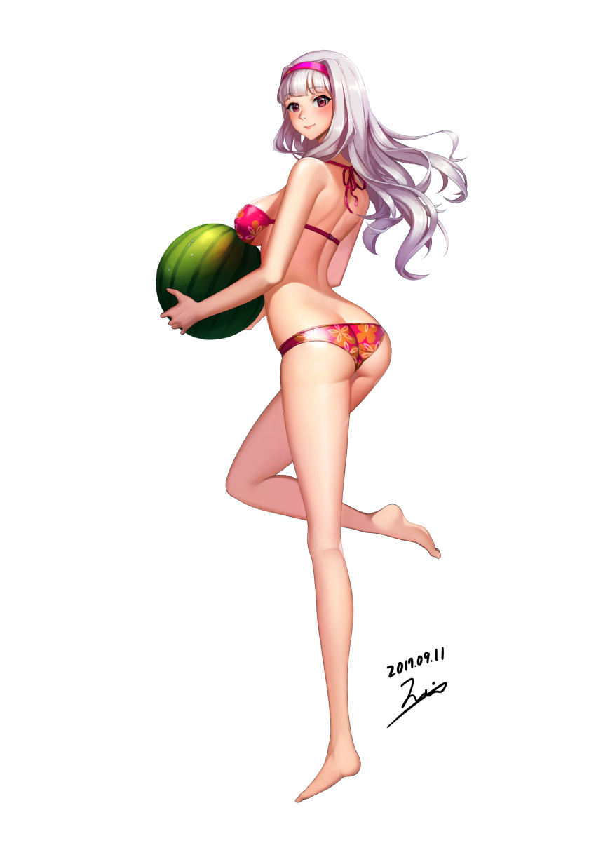 1girl absurdres ass bangs bare_arms bare_back bare_legs bare_shoulders barefoot bikini blunt_bangs blush breasts closed_mouth dated erect_nipples eyebrows_visible_through_hair floral_print food from_behind fruit full_body hairband highres holding holding_food holding_fruit idolmaster jai_(whany1998) legs lips long_hair looking_back medium_breasts one_leg_raised pink_bikini pink_eyes pink_hairband shijou_takane sideboob signature simple_background solo swimsuit watermelon white_background
