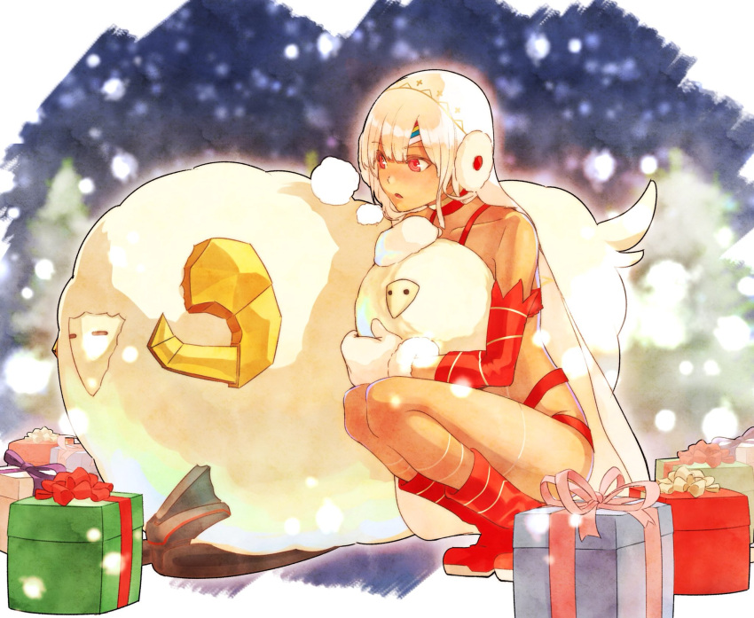 1girl akamiso_(k074510) altera_the_santa boots box dark_skin detached_sleeves fate/grand_order fate_(series) gift gift_box gloves highres mittens parted_lips revealing_clothes sheep solo tattoo veil white_gloves white_hair