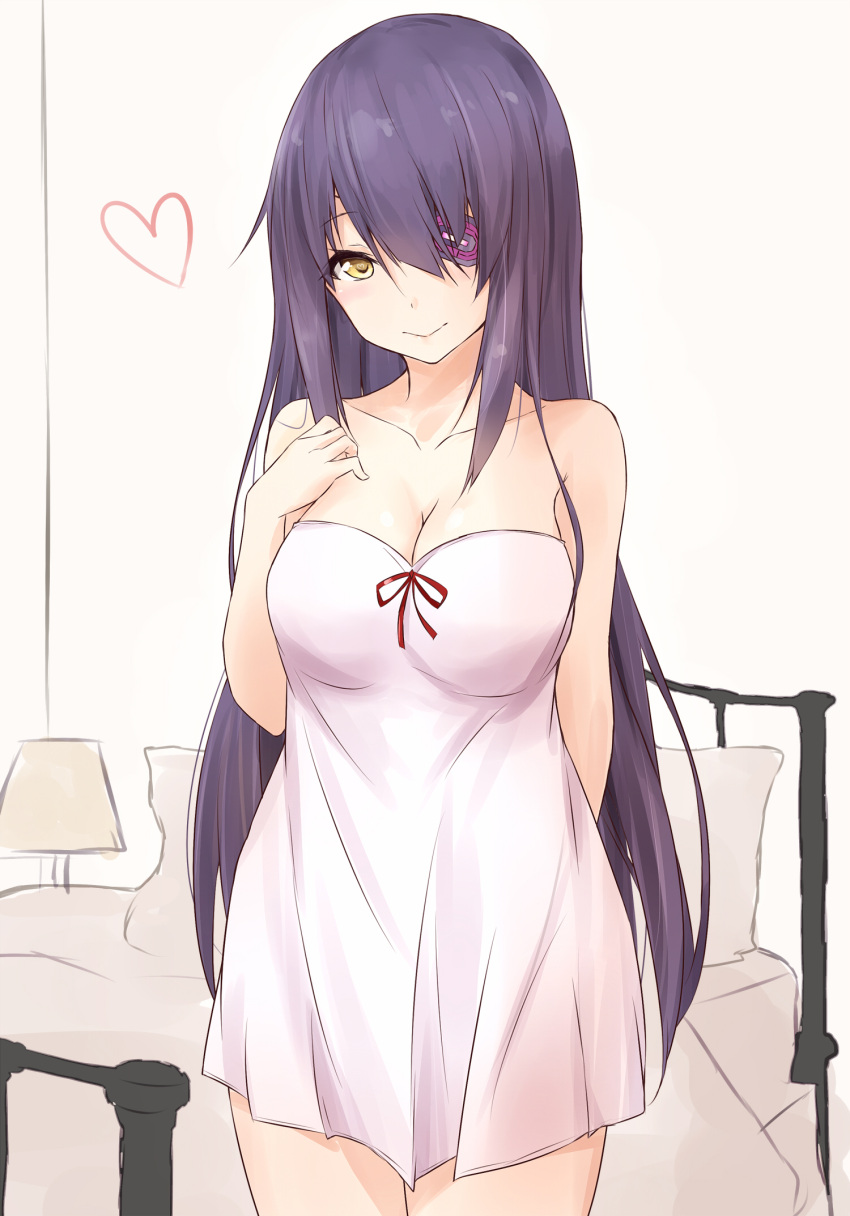 10s 1girl alternate_hair_length alternate_hairstyle arm_behind_back bare_shoulders bed bedroom breasts cleavage collarbone dress eyepatch hair_over_one_eye hand_on_own_chest heart highres kantai_collection large_breasts long_hair looking_at_viewer nightgown purple_hair saku_(kudrove) smile solo spoken_heart tenryuu_(kantai_collection) upper_body white_dress yellow_eyes