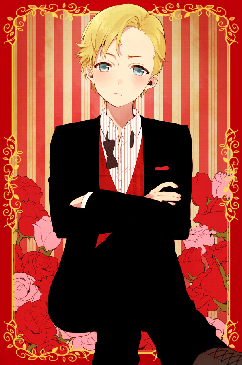 1boy androgynous black_jacket black_pants blonde_hair blue_eyes blush breast_pocket brown_footwear chisumi closed_mouth collared_shirt crossed_arms feet_out_of_frame flower foreshortening frame frown head_tilt highres jacket legs_crossed long_sleeves looking_at_viewer male_focus original pants perspective pink_rose pocket red_background red_jacket red_rose rose shirt shoes sitting solo striped striped_background white_shirt