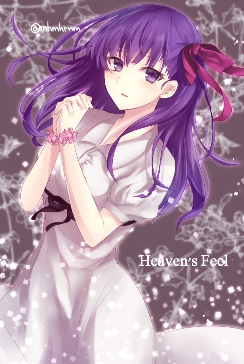 1girl copyright_name cowboy_shot dress eyebrows_visible_through_hair fate/stay_night fate_(series) grey_dress hair_ribbon hands_clasped heaven's_feel highres interlocked_fingers looking_at_viewer matou_sakura own_hands_together parted_lips pink_ribbon puffy_short_sleeves puffy_sleeves purple_hair ribbon short_sleeves smile solo standing tanaji violet_eyes