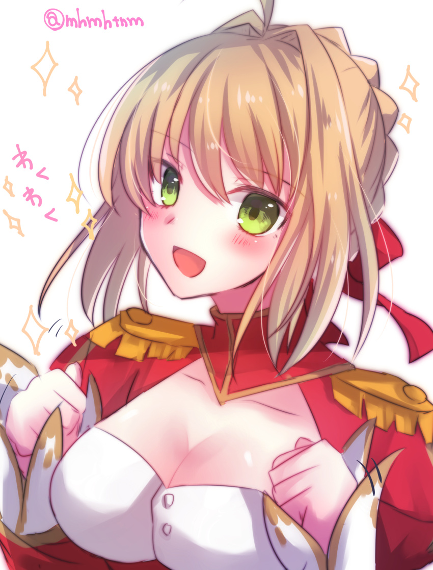 1girl :d bangs blonde_hair blush braid breasts cleavage cleavage_cutout dress epaulettes eyebrows_visible_through_hair fate/extra fate_(series) green_eyes hair_intakes hair_ribbon highres long_sleeves looking_at_viewer medium_breasts open_mouth red_dress red_ribbon ribbon saber_extra simple_background smile solo sparkle tanaji twitter_username white_background