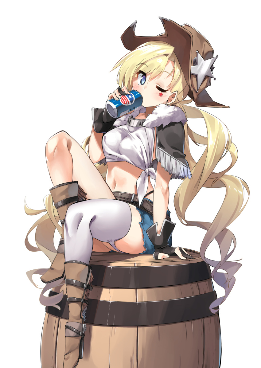 1girl arm_support barrel belt black_gloves blonde_hair blue_eyes blue_shorts blush breasts brown_footwear can colt_m1873_(girls_frontline) cowboy_hat drinking electriccross eyebrows_visible_through_hair fur_trim girls_frontline gloves hat high_heels highres holding long_hair looking_at_viewer low_twintails medium_breasts midriff navel one_eye_closed partly_fingerless_gloves shirt short_shorts shorts simple_background single_thighhigh sitting solo star star_tattoo tattoo thigh-highs tied_shirt twintails very_long_hair white_background white_legwear
