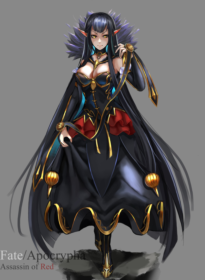1girl absurdres assassin_of_red bare_shoulders black_dress black_hair breasts character_name cleavage copyright_name detached_sleeves dress fate/apocrypha fate_(series) full_body highres large_breasts long_hair looking_at_viewer noboru_(pixiv8503150) pointy_ears smile solo very_long_hair yellow_eyes
