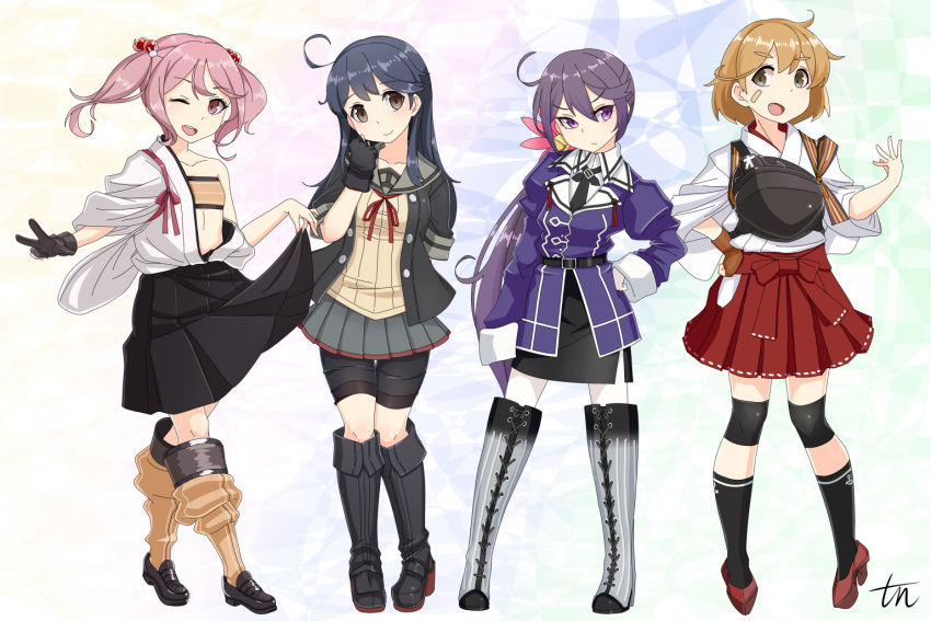 &gt;:( 4girls abukuma_(kantai_collection) abukuma_(kantai_collection)_(cosplay) ahoge akebono_(kantai_collection) alternate_costume anchor_symbol arm_at_side bandaid bandaid_on_face bandeau bell belt belt_buckle bike_shorts black_eyes black_gloves black_hair black_jacket black_legwear black_neckwear black_skirt blush boots brown_hair buckle buttons closed_mouth commentary_request contrapposto cosplay cross-laced_footwear dated flower frown full_body gloves gradient_footwear hair_bell hair_flower hair_ornament hakama_skirt jacket japanese_clothes jingle_bell juliet_sleeves kantai_collection knee_boots knee_pads kneehighs lace-up_boots legs_apart long_hair long_sleeves looking_at_viewer multiple_girls muneate nachi_(kantai_collection) nachi_(kantai_collection)_(cosplay) neck_ribbon necktie oboro_(kantai_collection) one_eye_closed open_mouth pantyhose partly_fingerless_gloves pencil_skirt pleated_skirt puffy_sleeves purple_hair red_ribbon red_skirt remodel_(kantai_collection) ribbon sazanami_(kantai_collection) school_uniform serafuku short_hair short_sleeves shorts_under_skirt shouhou_(kantai_collection) shouhou_(kantai_collection)_(cosplay) side_ponytail signature single_glove skirt standing striped striped_footwear thigh-highs tun ushio_(kantai_collection) v-shaped_eyebrows vertical_stripes very_long_hair violet_eyes white_legwear yugake zettai_ryouiki zuikaku_(kantai_collection) zuikaku_(kantai_collection)_(cosplay)