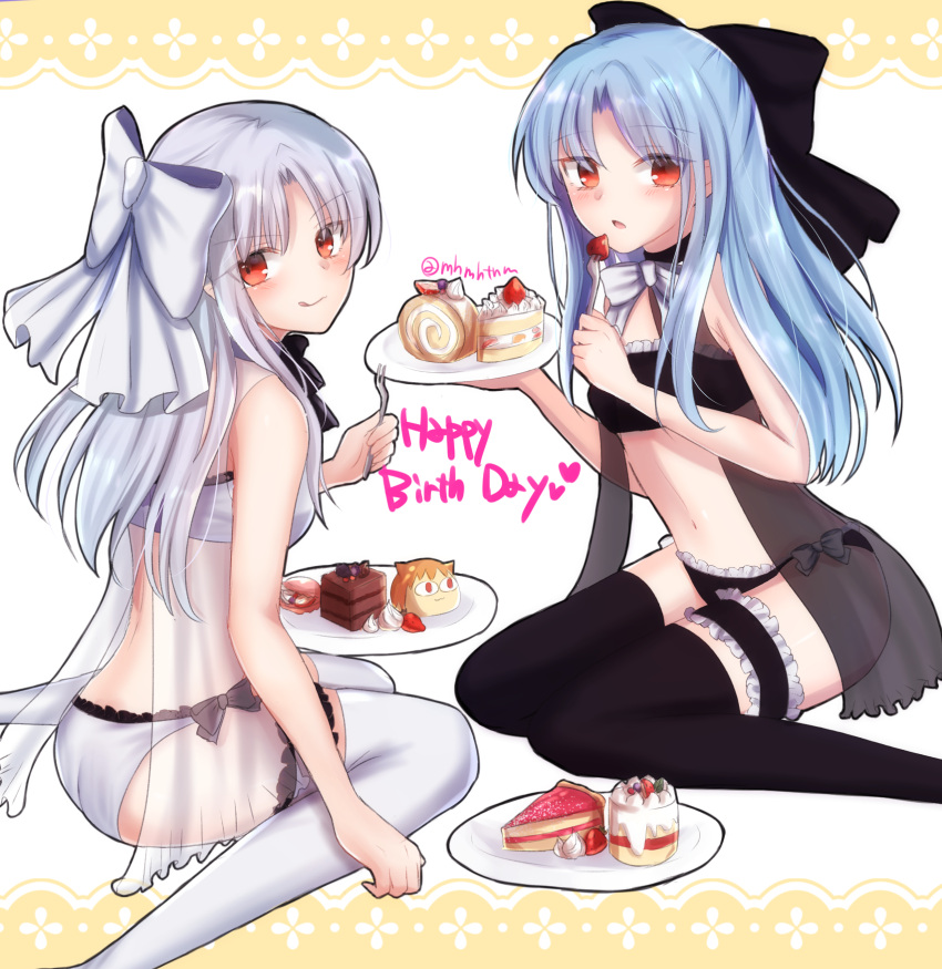 2girls :q ass bangs black_bra black_legwear black_panties black_thighhighs black_underwear blue_hair blushing bow bow_panties bowtie bra breasts cake choker eating english eyebrows eyebrows_visible_through_hair eyelashes eyelashes_visible_through_hair eyes feet_out_of_frame female_ass food fork from_side fruit happy_birthday highres holding holding_fork holding_plate huge_bow knees_together_feet_apart legs legs_together len long_bangs long_hair looking_at_viewer looking_back melty_blood multiple_girls navel open_eyes panties plate pointy_ears red_eyes ribbon sheer_clothes sidelocks silver_hair sitting smile straight_hair strawberry tanaji thigh-highs thigh_strap thighs thighs_together tongue tongue_out tsukihime type-moon underwear underwear_only wariza white_bra white_legwear white_len white_panties white_thighhighs white_underwear
