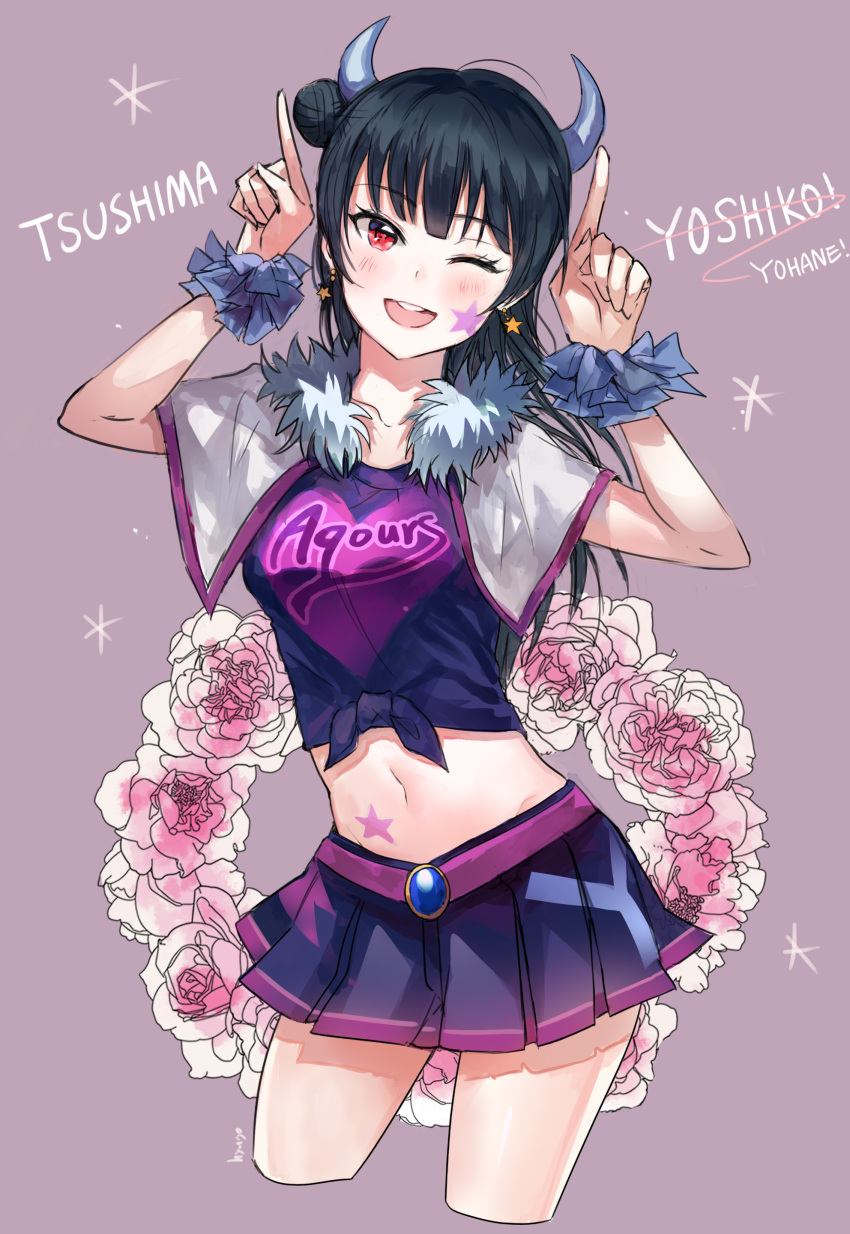 1girl ;d absurdres bangs black_hair blush character_name cowboy_shot cropped_legs earrings facial_mark fur_collar grey_background heart heart_print highres horns hyugo index_finger_raised jewelry long_hair looking_at_viewer love_live! love_live!_sunshine!! midriff miniskirt miracle_wave navel one_eye_closed open_mouth pleated_skirt red_eyes scrunchie shirt side_bun simple_background skirt smile solo star star_earrings stomach_tattoo tied_shirt tsushima_yoshiko wreath wrist_scrunchie