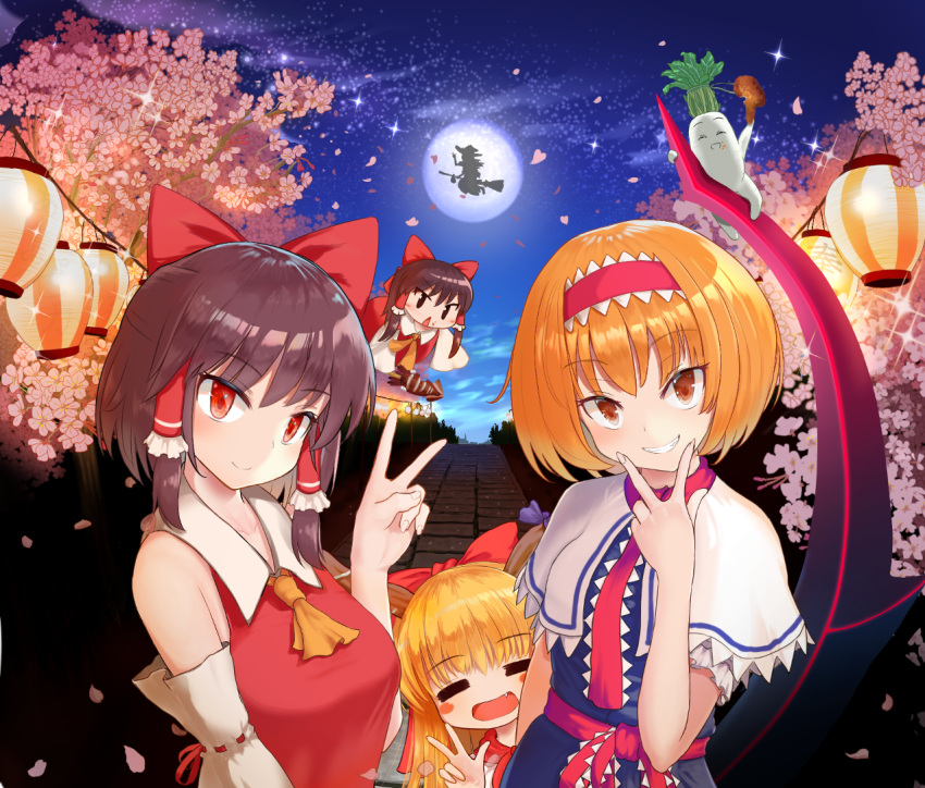 5girls =_= alice_margatroid blush bow brown_eyes brown_hair character_request closed_eyes closed_mouth cookie_(touhou) eyebrows_visible_through_hair hair_bow hair_tubes hairband hakurei_reimu hinase_(cookie) horns ibuki_suika kirisame_marisa long_hair looking_at_viewer moon multiple_girls night night_sky open_mouth orange_hair outdoors pai_kebon_baa parted_lips red_bow red_eyes reu sakenomi_(cookie) short_hair sky smile star_(sky) starry_sky teeth touhou v yamin_(cookie)