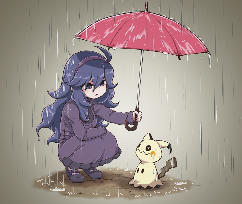 ahoge blue_eyes blue_hair dress gen_7_pokemon hairband hex_maniac_(pokemon) highres kneeling long_sleeves mimikyu nazonazo_(nazonazot) npc open_mouth pokemon pokemon_(creature) pokemon_(game) pokemon_xy rain ribbed_sweater sweater umbrella