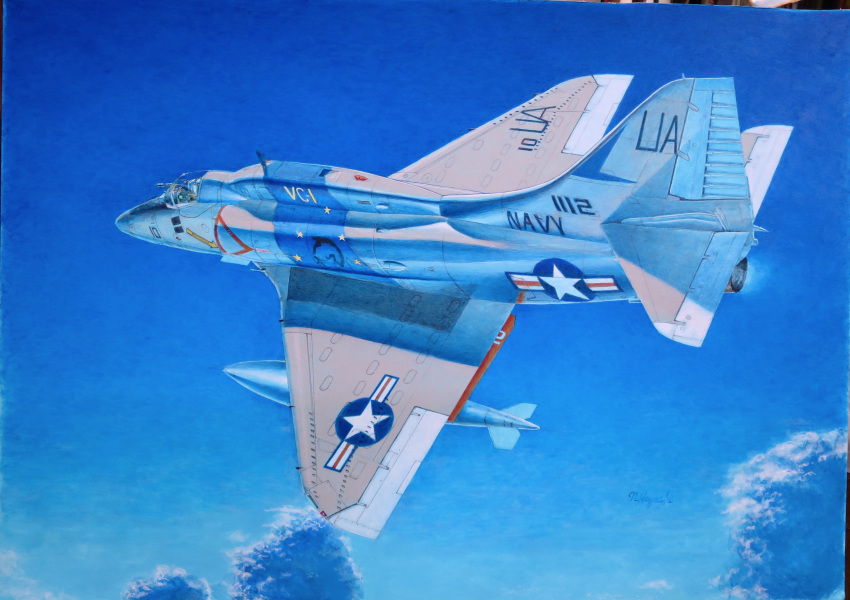 1boy a-4_skyhawk absurdres acrylic_paint_(medium) aircraft airplane blue_sky calligraphy_brush_(medium) clouds commentary_request day flying hayashi_toshihiro highres military original outdoors sky solo traditional_media