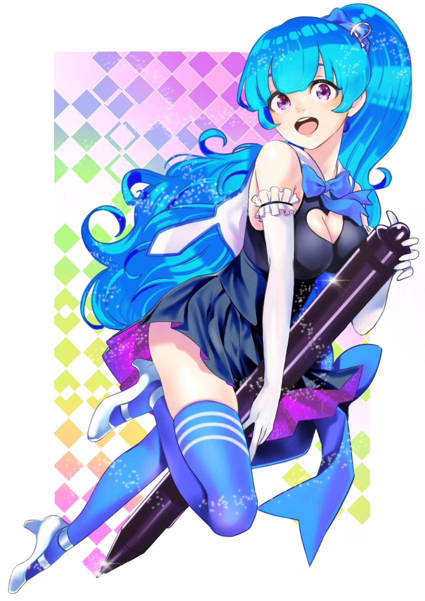 1girl :d absurdres black_skirt blue_hair blue_legwear breasts cleavage_cutout elbow_gloves full_body gloves heart_cutout high_heels highres long_hair medium_breasts onaka_(pixiv11820960) open_mouth original p_hair_ornament pixiv pixiv-tan ponytail shoes skirt smile solo stylus thigh-highs violet_eyes white_gloves white_shoes