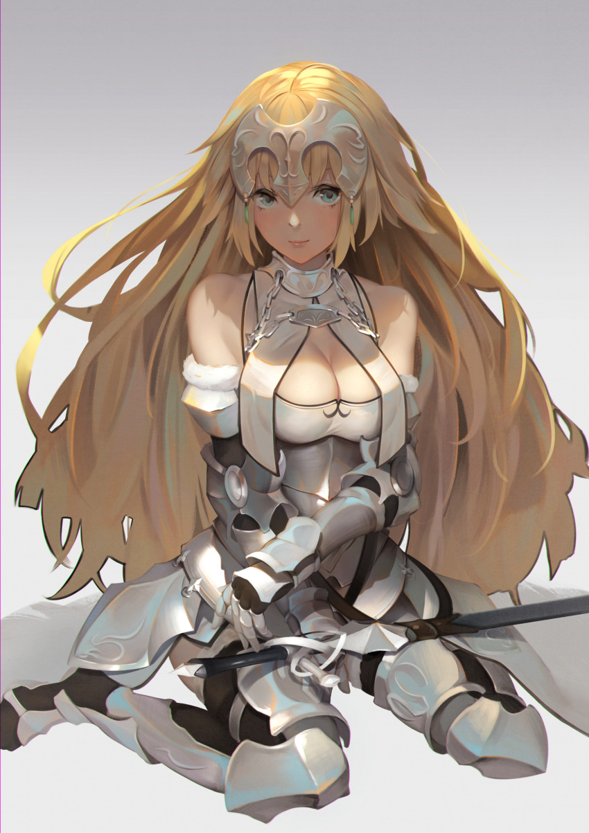 1girl absurdres armor bangs bare_shoulders blonde_hair blue_eyes breasts chains cleavage closed_mouth fate/apocrypha fate_(series) faulds gauntlets gradient gradient_background greaves grey_background headpiece highres large_breasts lips long_hair looking_at_viewer ruler_(fate/apocrypha) sheath sheathed sidelocks sitting smile solo sword toriumi_harumi very_long_hair wariza weapon
