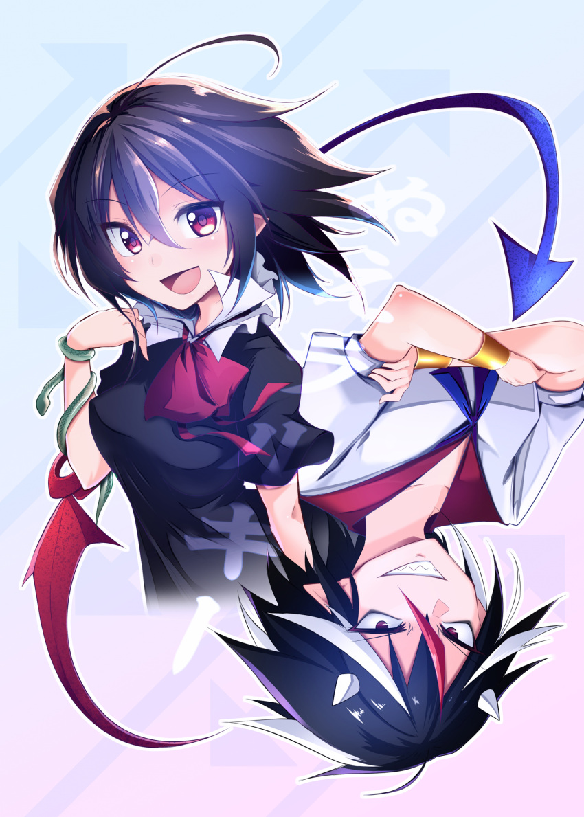 2girls ahoge asymmetrical_wings black_hair bracelet chipa_(arutana) cover cover_page grin highres horns houjuu_nue jewelry kijin_seija looking_at_viewer multicolored_hair multiple_girls open_mouth red_eyes red_neckwear redhead short_hair smile snake streaked_hair touhou translation_request upside-down white_hair wings