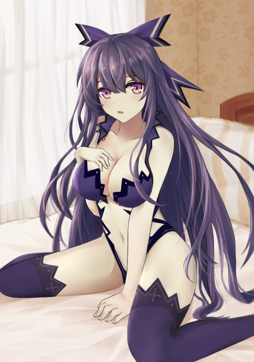1girl absurdres artist_request bed blush bow breasts cleavage collarbone date_a_live hair_between_eyes hair_bow highres indoors large_breasts long_hair looking_at_viewer navel parted_lips purple_hair purple_legwear revealing_clothes sitting solo stomach thigh-highs very_long_hair violet_eyes wariza yatogami_tooka