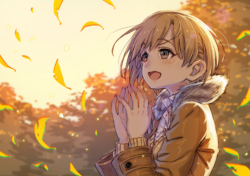1girl :d aiba_yumi autumn autumn_leaves bangs beige_vest blush brown_eyes brown_jacket buttons chromatic_aberration collared_shirt dress_shirt evening eyebrows_visible_through_hair forest from_side fur-trimmed_jacket fur_trim hands_together hands_up idolmaster idolmaster_cinderella_girls jacket kusano_shinta leaf leaves_in_wind light_brown_hair light_particles long_sleeves nature nose_blush open_mouth outdoors shirt short_hair sky smile solo sweater_vest swept_bangs tree upper_body white_shirt wind yellow_sky