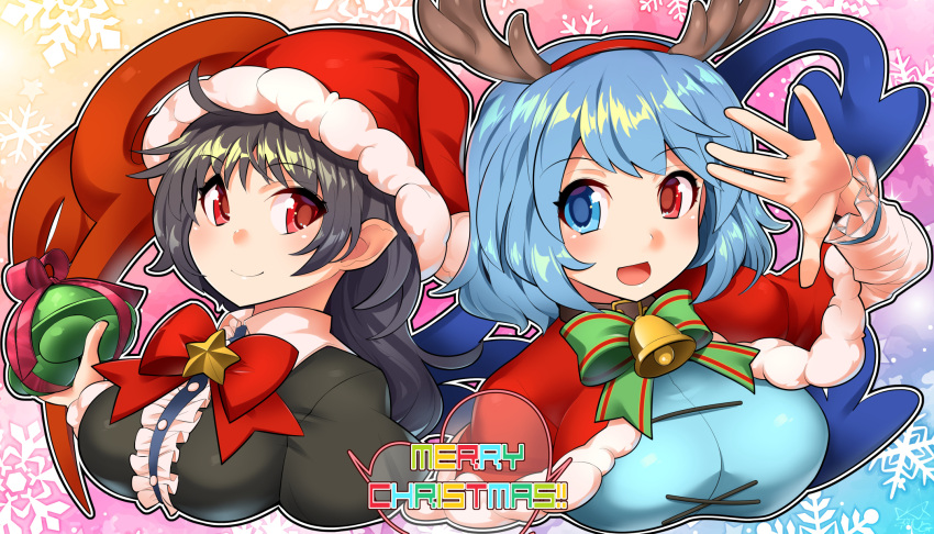 2girls asymmetrical_wings bell bell_choker black_hair blue_eyes blue_hair breasts capelet choker christmas hat heterochromia highres houjuu_nue large_breasts medium_hair multiple_girls open_mouth pointy_ears red_eyes ribbon_choker santa_hat short_hair speech_bubble tatara_kogasa text touhou umigarasu_(kitsune1963) wings