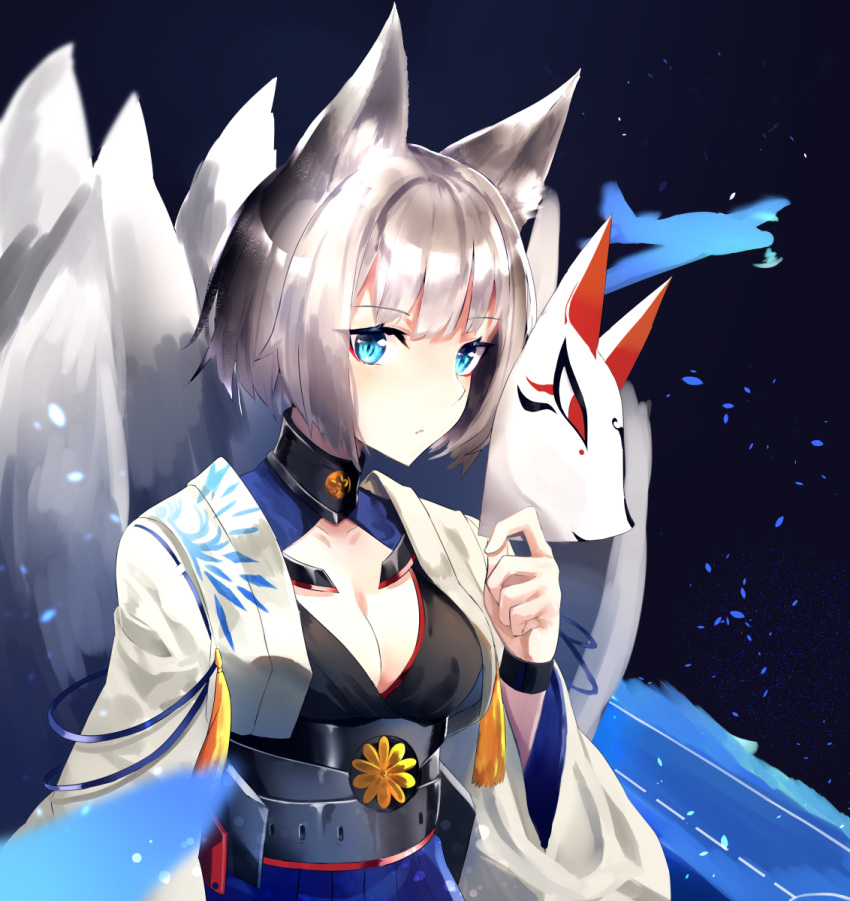 1girl animal_ears azur_lane blue_eyes blurry breasts chamnaitu cleavage commentary_request depth_of_field eyeshadow fox_ears fox_mask fox_tail highres holding japanese_clothes kaga_(azur_lane) looking_at_viewer makeup mask medium_breasts multiple_tails short_hair silver_hair simple_background solo tail upper_body wide_sleeves