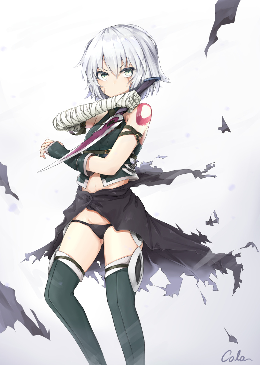 1girl absurdres arm_belt assassin_of_black bandage bandaged_arm bangs bare_shoulders belt_buckle black_cloak black_cola black_gloves black_legwear black_panties black_shirt buckle closed_mouth commentary_request dagger eyebrows_visible_through_hair fate/grand_order fate_(series) fingerless_gloves gloves green_eyes hair_between_eyes halter_top halterneck hand_up highres holding holding_knife holding_weapon knife looking_at_viewer lowleg lowleg_panties navel panties reverse_grip scar scar_across_eye scar_on_cheek serious shirt short_hair signature silver_hair simple_background single_glove sleeveless sleeveless_shirt solo standing tattoo thigh-highs torn_cloak torn_clothes underwear weapon white_background