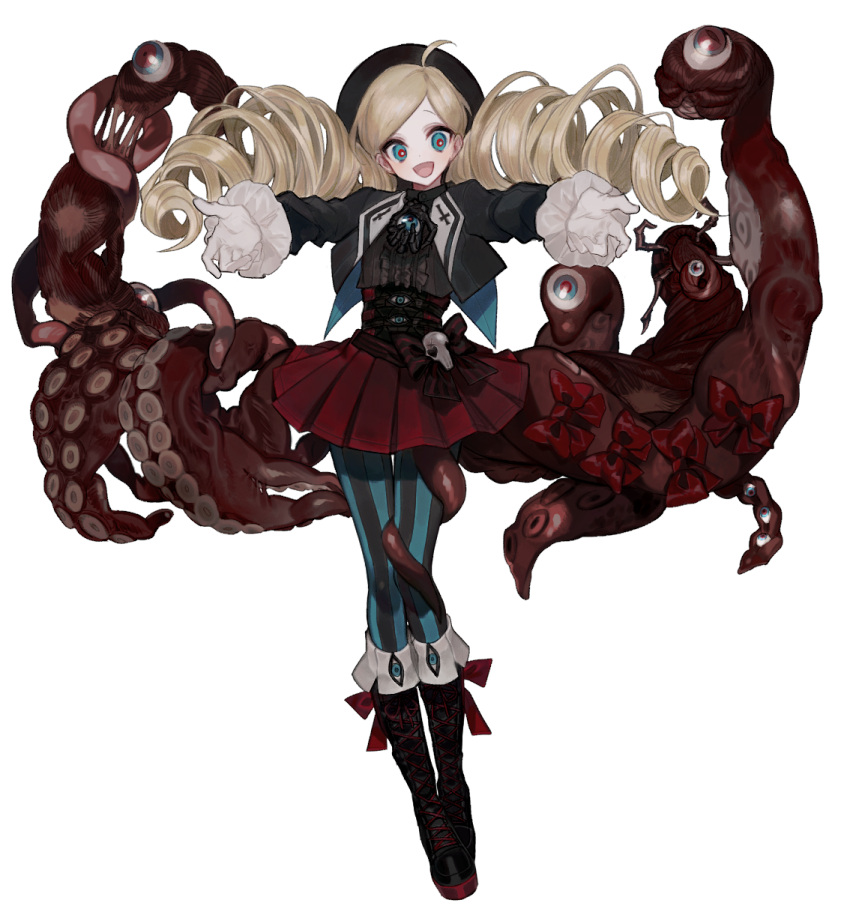 1girl :d ahoge black_jacket blonde_hair blue_eyes blush boots cross drill_hair extra_eyes full_body gloves hat highres inverted_cross jacket legs_together long_hair long_sleeves lunch_(lunchicken) monster_girl open_clothes open_jacket open_mouth original outstretched_arms pale_skin pantyhose red_pupils smile solo standing striped striped_legwear suction_cups tentacle transparent_background twin_drills vertical-striped_legwear vertical_stripes white_gloves
