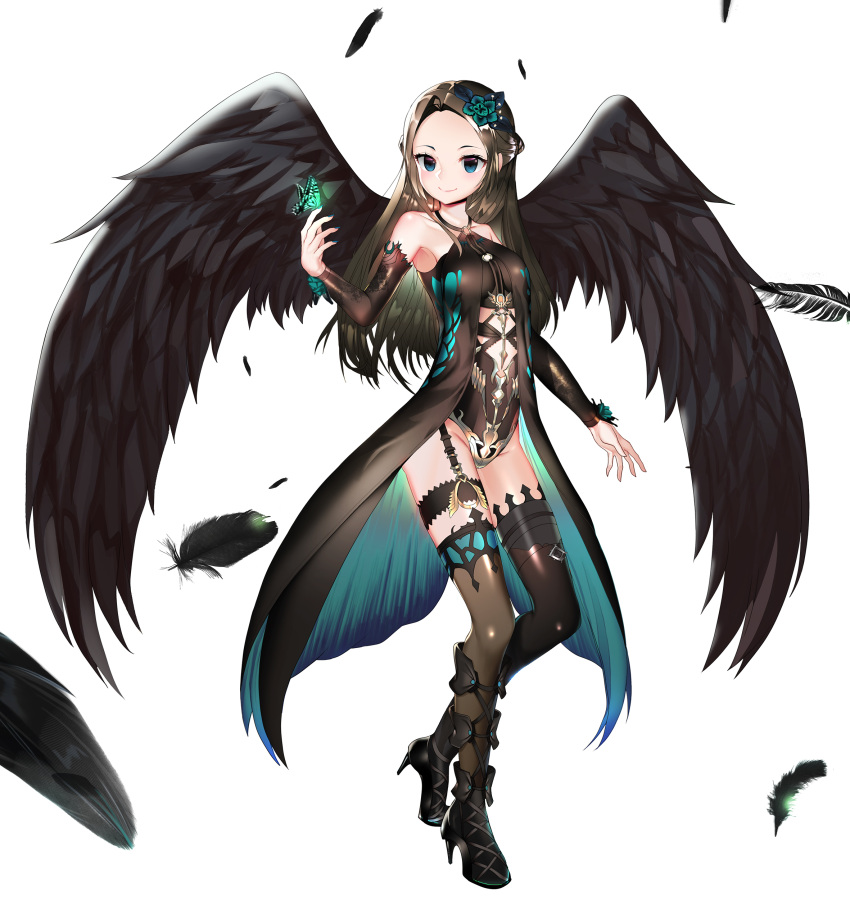 1girl absurdres bare_shoulders black_hair blue_eyes butterfly detached_sleeves feathered_wings feathers flower full_body hair_flower hair_ornament high_heels highres leg_garter leotard long_hair looking_at_viewer nail_polish original simple_background smile solo thigh-highs tttanggvl wings