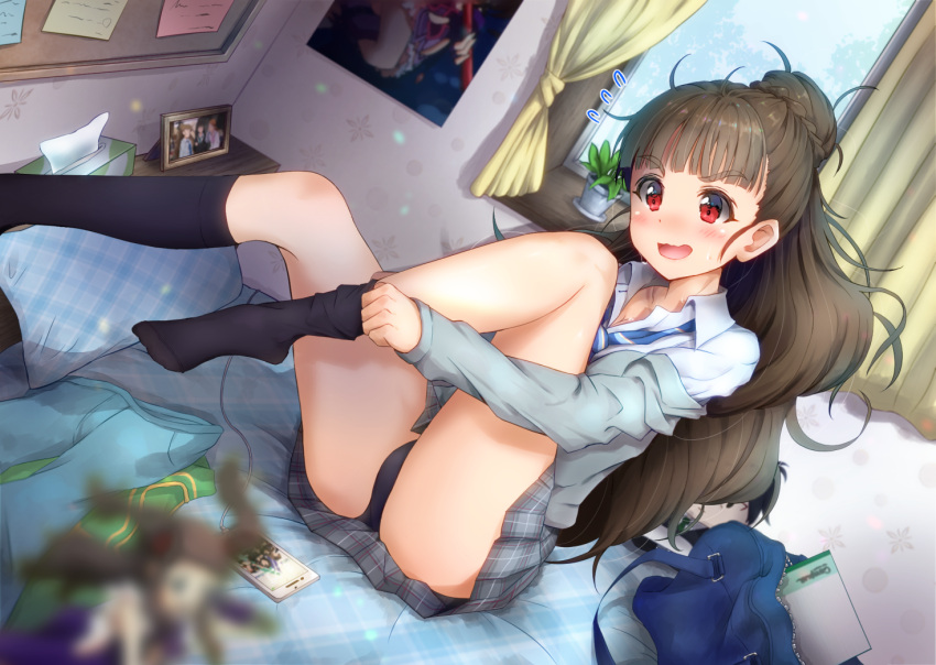 1girl adjusting_clothes adjusting_legwear bag bed bed_sheet black_legwear blush braid breasts brown_hair cellphone cleavage commentary_request corkboard curtains dressing eyebrows eyebrows_visible_through_hair flying_sweatdrops houjou_karen idolmaster idolmaster_cinderella_girls indoors kamiya_nao kneehighs kuria_(clear_trip_second) long_hair messy_hair necktie on_bed open_mouth panties pantyshot pantyshot_(sitting) phone photo_(object) picture_frame pillow plaid plaid_skirt plant poster_(object) potted_plant red_eyes school_bag school_uniform shibuya_rin sitting skirt smartphone solo tissue_box underwear window