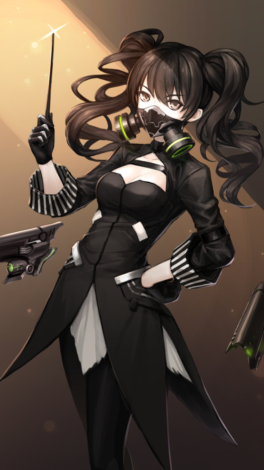 1girl baton_(instrument) black_dress black_gloves black_legwear breasts brown_background brown_eyes brown_hair collarbone dress eyebrows_visible_through_hair gas_mask girls_frontline gloves green_eyes hand_on_hip highres holding long_hair looking_at_viewer medium_breasts npt_(akzkfhsk0503) pantyhose scarecrow_(girls_frontline) solo sparkle standing twintails