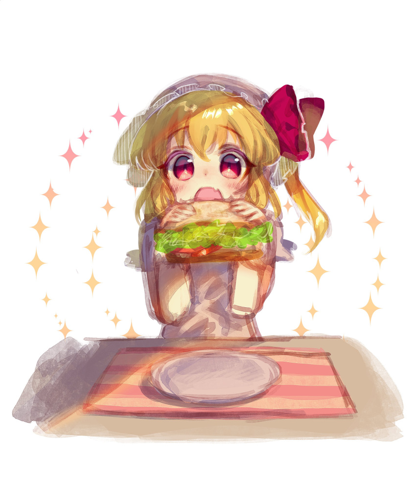 1girl absurdres bangs blonde_hair blush eyebrows_visible_through_hair fang flandre_scarlet food hair_between_eyes hair_ornament highres holding holding_food looking_at_viewer mozu_1oo open_mouth plate red_eyes sandwich sitting solo sparkle table touhou white_background