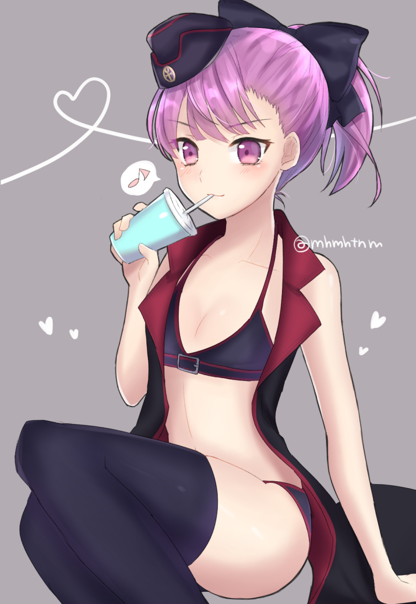 1girl :3 arm_support bangs bare_arms bare_shoulders bikini black_bikini black_bow black_legwear blush bow closed_mouth eyebrows_visible_through_hair fate/grand_order fate_(series) flat_chest hair_bow hat heart helena_blavatsky_(fate/grand_order) highres looking_at_viewer mini_hat musical_note ponytail purple_hair sipping sitting smile solo spoken_musical_note swimsuit tanaji thigh-highs v-shaped_eyebrows violet_eyes