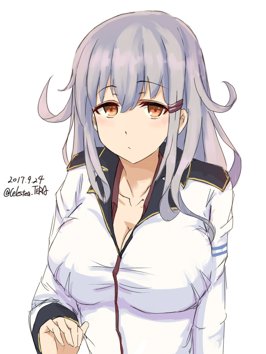 10s 1girl blush breasts celestea_tera gangut_(kantai_collection) grey_hair hair_between_eyes hair_ornament highres jacket kantai_collection large_breasts long_hair looking_at_viewer military military_jacket military_uniform no_hat no_headwear red_eyes red_shirt scar scar_on_cheek shirt solo uniform white_background