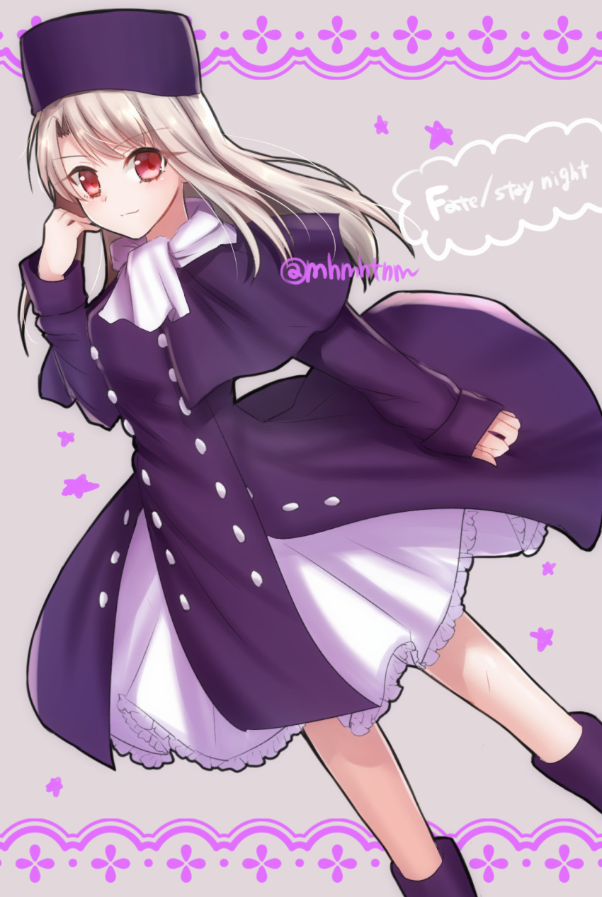 1girl boots closed_mouth coat copyright_name dutch_angle eyebrows_visible_through_hair fate/stay_night fate_(series) feet_out_of_frame frilled_skirt frills hat highres illyasviel_von_einzbern legs_apart long_hair long_sleeves looking_at_viewer purple_coat purple_footwear red_eyes scarf silver_hair skirt smile solo standing tanaji twitter_username white_scarf white_skirt