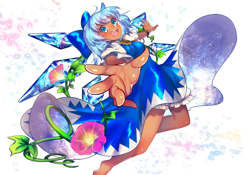 1girl :d absurdres bangs bare_legs barefoot blue_bow blue_dress blue_eyes blue_hair bow cirno dark_skin dress eyebrows_visible_through_hair flower foreshortening hair_bow highres ice looking_at_viewer mozu_1oo open_mouth short_hair short_sleeves smile solo space_print starry_sky_print sunflower tan tanned_cirno touhou