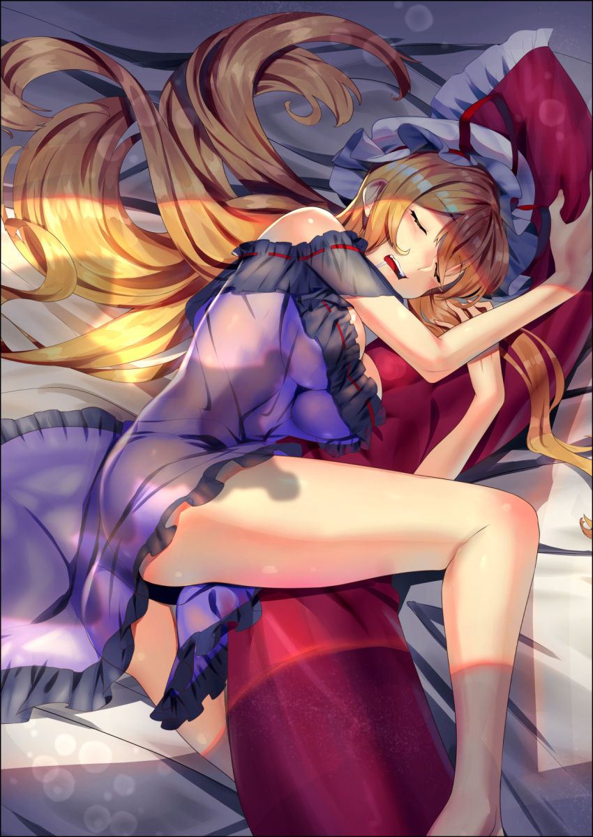 1girl ass bad_anatomy bare_arms bare_legs bed_sheet black_panties blonde_hair breasts closed_eyes commentary_request dakimakura_(object) drooling facing_viewer hat hat_ribbon highres indoors long_hair lying medium_breasts mob_cap on_side open_mouth pajamas panties pantyshot pantyshot_(lying) pillow pillow_hug red_ribbon ribbon shade sleeping solo sukocchi touhou underwear very_long_hair white_hat yakumo_yukari
