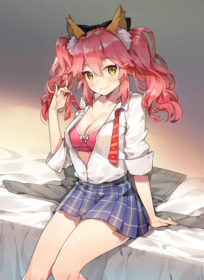 1girl alternate_hairstyle animal_ears arm_at_side artist_name ayamy bed_sheet black_bow blue_skirt blush bow bra breasts cleavage collarbone collared_shirt commentary_request dress_shirt eyebrows_visible_through_hair fate/extella fate/extra fate_(series) fox_ears hair_bow highres long_hair long_sleeves looking_at_viewer medium_breasts on_bed open_clothes open_shirt pink_bra pink_hair plaid plaid_skirt pleated_skirt red_neckwear shiny shiny_hair shirt sitting skirt sleeves_pushed_up smile solo striped_neckwear sweater_removed tamamo_(fate)_(all) tamamo_jk_(fate) thighs twintails underwear undone_necktie white_shirt wing_collar yellow_eyes