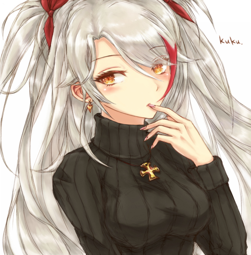 1girl alternate_costume azur_lane black_sweater blush breasts casual closed_mouth commentary_request cross cross_necklace earrings eyebrows_visible_through_hair eyelashes fingernails hair_between_eyes hair_ribbon heart heart_earrings highres iron_cross jewelry kyuuponkuku long_fingernails long_hair long_sleeves medium_breasts multicolored_hair nail_polish necklace pink_nails prinz_eugen_(azur_lane) red_ribbon redhead ribbon shiny shiny_hair silver_hair simple_background streaked_hair sweater tsurime turtleneck turtleneck_sweater two_side_up upper_body upper_teeth white_background