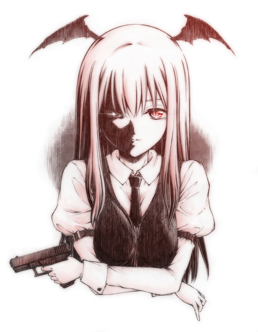 arm_belt bat_wings collared_shirt commentary_request crossed_arms dress_shirt finger_on_trigger glock glowing glowing_eye gun hair_between_eyes handgun head_wings highres juliet_sleeves koakuma kumagai_ayato light_trail long_hair long_sleeves looking_at_viewer monochrome muted_color necktie pistol puffy_sleeves red_eyes shirt sidelocks simple_background slit_pupils spot_color touhou traditional_media upper_body vest weapon white_background white_shirt wings