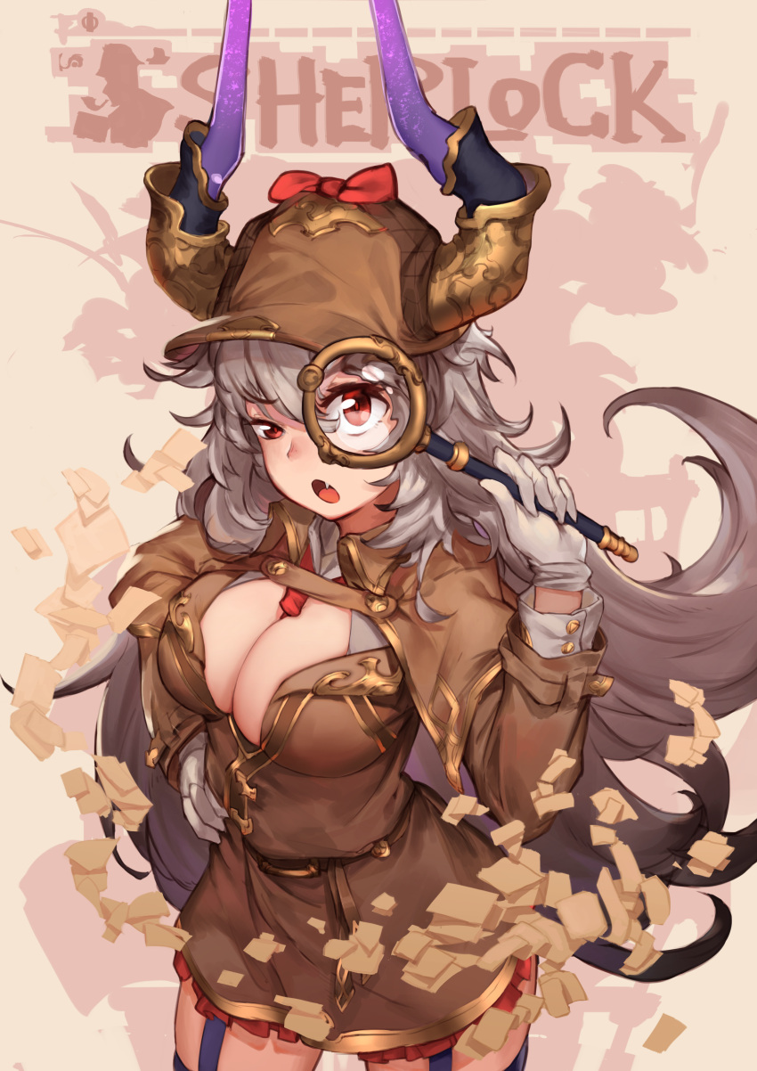 1girl absurdres atorosu belt bow breasts brown_background brown_hat brown_shirt brown_skirt detective doraf english eyebrows_visible_through_hair fang garter_straps gloves granblue_fantasy grey_hair hand_on_hip hat highres holding horns large_breasts long_hair long_sleeves looking_at_viewer magnifying_glass open_mouth red_bow red_eyes sarasa_(granblue_fantasy) shirt skirt solo thigh-highs very_long_hair white_gloves