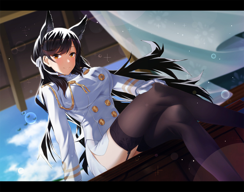 1girl animal_ears atago_(azur_lane) azur_lane black_legwear blue_sky blurry blush breasts brown_eyes brown_hair buttons closed_mouth day depth_of_field epaulettes eyebrows_visible_through_hair feet_out_of_frame garter_straps jacket kagiyama_(gen'ei_no_hasha) large_breasts legs_crossed lens_flare letterboxed long_hair long_sleeves looking_at_viewer military_jacket miniskirt pencil_skirt revision sitting skirt sky smile solo thigh-highs white_jacket