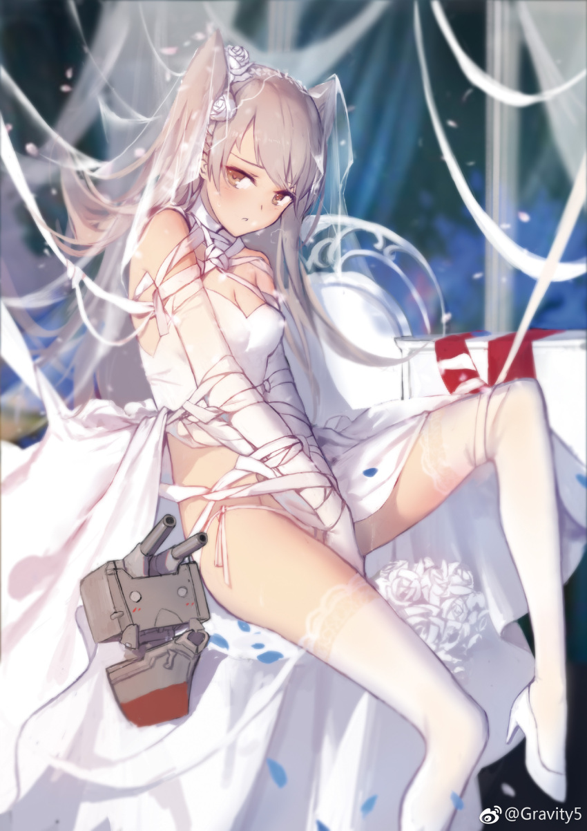 1girl absurdres amatsukaze_(kantai_collection) bangs bare_shoulders bdsm between_legs blurry bondage bound bouquet breasts brown_eyes cleavage depth_of_field dress elbow_gloves flower gloves grey_hair hair_flower hair_ornament hand_between_legs high_heels highres kantai_collection lace lace-trimmed_thighhighs leg_up long_hair panties parted_lips rensouhou-kun ribbon ribbon_bondage side-tie_panties small_breasts solo string_panties swd3e2 swept_bangs thigh-highs two_side_up underwear veil wedding_dress white_dress white_gloves white_legwear white_panties