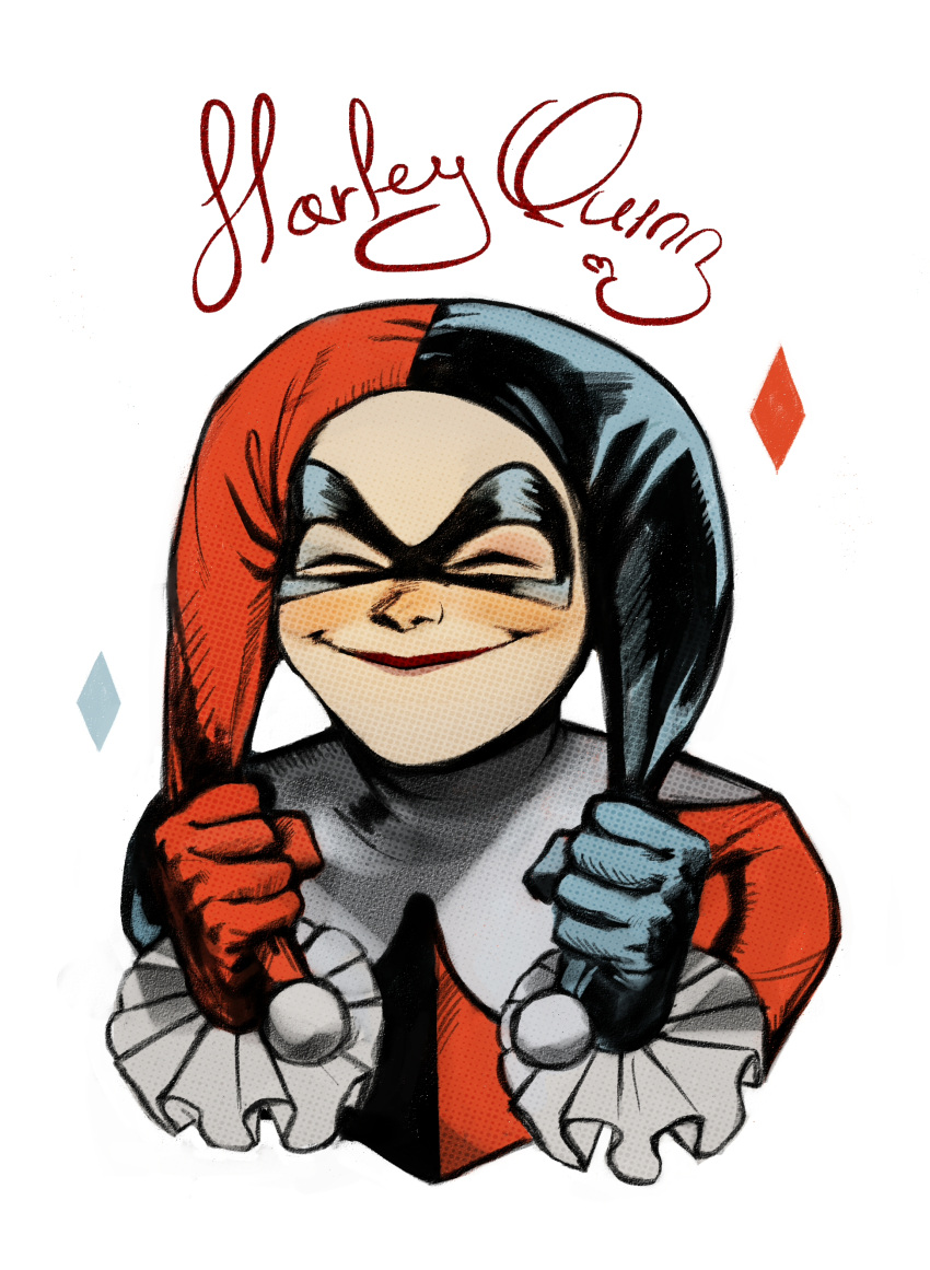 1girl absurdres batman_(series) black_gloves blush character_name closed_eyes dc_comics domino_mask gloves harley_quinn highres mask mismatched_gloves nojuro red_gloves simple_background smile solo upper_body white_background