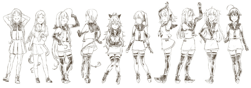 6+girls absurdres adjusting_clothes adjusting_gloves ahoge alternate_costume arm_up armpits arms_behind_head arms_up boots bow bowtie braid clenched_hand closed_eyes closed_mouth collared_shirt dress elbow_gloves eyebrows_visible_through_hair full_body gloves grin hair_between_eyes hair_flaps hair_ornament hair_over_shoulder hair_ribbon hairband hairclip hand_on_hip harusame_(kantai_collection) highres kantai_collection kawakaze_(kantai_collection) kneehighs loafers long_hair long_sleeves looking_at_viewer low_twintails monochrome multiple_girls murasame_(kantai_collection) neckerchief one_leg_raised open_mouth pleated_skirt remodel_(kantai_collection) ribbon round_teeth rudder_shoes sailor_collar samidare_(kantai_collection) school_uniform serafuku shigure_(kantai_collection) shiratsuyu_(kantai_collection) shirt shoes short_hair short_sleeves side_ponytail sidelocks single_braid skirt sleeveless sleeveless_dress sleeveless_shirt smile standing straight_hair suzukaze_(kantai_collection) teeth thigh-highs twintails umikaze_(kantai_collection) uyama_hajime very_long_hair yamakaze_(kantai_collection) yuudachi_(kantai_collection)