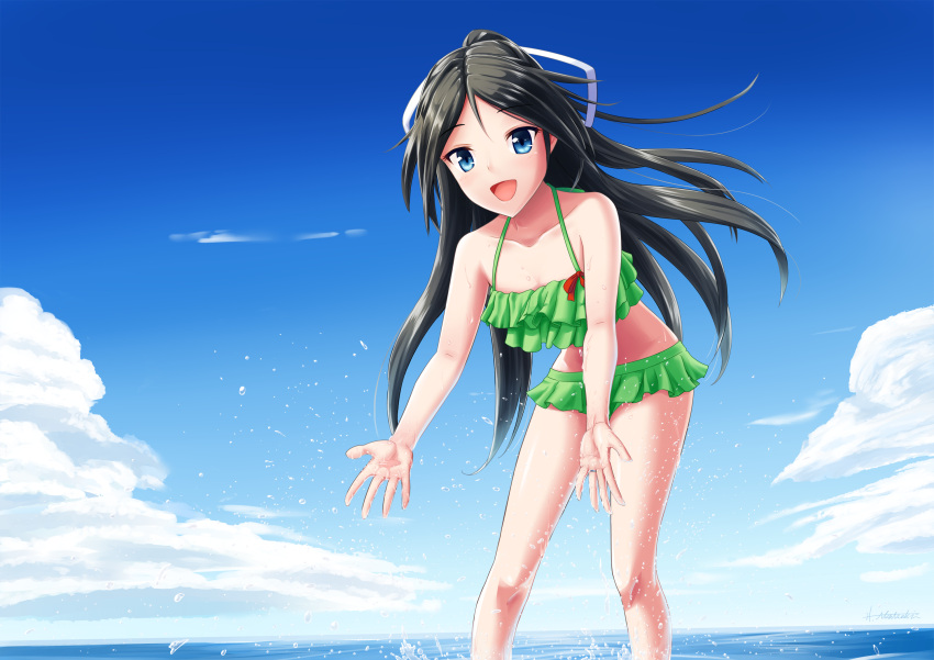 10s 1girl akatsuki_hitoshi bikini black_hair blue_sky clouds day frilled_bikini frills green_bikini hair_ribbon highres kantai_collection katsuragi_(kantai_collection) leaning_forward long_hair outdoors ribbon sky splashing standing swimsuit