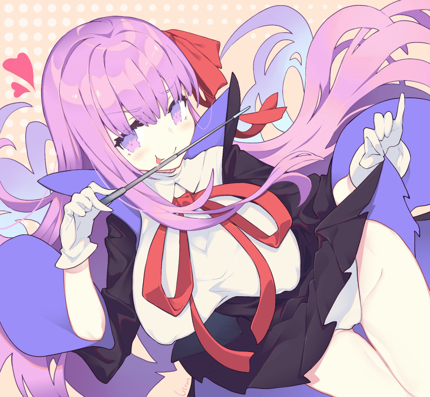 1girl bangs bb_(fate/extra_ccc) breasts fate/extra fate/extra_ccc fate/grand_order fate_(series) gloves hair_ribbon heart high_collar highres holding holding_wand large_breasts litsvn long_hair looking_at_viewer panties pantyshot pleated_skirt purple_hair red_ribbon ribbon signature skirt skirt_lift smile solo underwear very_long_hair violet_eyes wand white_gloves white_panties wide_sleeves