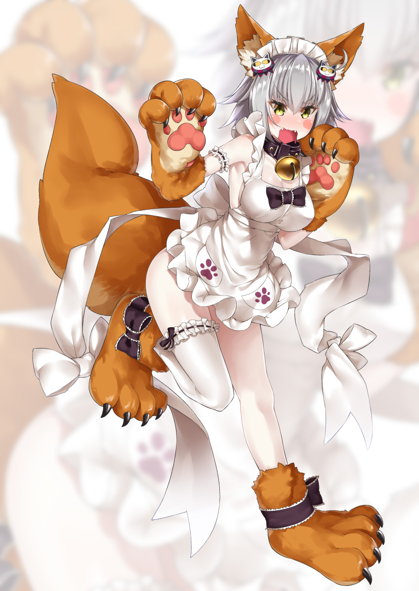 1girl absurdres ahoge animal_ears apron arm_strap armpit_peek bangs bare_shoulders bell bell_collar black_bow black_collar black_ribbon blurry blurry_background blush blush_stickers bow breasts claws collar collarbone commentary_request cosplay embarrassed eyebrows_visible_through_hair fate/grand_order fate_(series) fox_ears fox_tail full_body garters hair_between_eyes hair_ornament hands_up highres jeanne_d'arc_(alter)_(fate) jeanne_d'arc_(fate)_(all) jingle_bell large_breasts leg_up looking_down maid_headdress nose_blush open_mouth pale_skin paw_print paws pocket print_apron ribbon shiny shiny_hair shiny_skin short_hair silver_hair single_thighhigh solo standing standing_on_one_leg tail tamamo_(fate)_(all) tamamo_cat_(fate) tamamo_cat_(fate)_(cosplay) thigh-highs tsurime watosu wavy_mouth white_apron white_legwear yellow_eyes zoom_layer