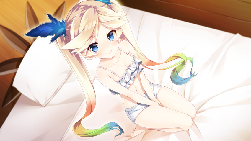 1girl artist_request bangs bare_arms bare_legs bare_shoulders barefoot bed bed_sheet between_legs blonde_hair blue_hair blue_ribbon breasts camisole cleavage eyebrows_visible_through_hair eyelashes frills from_above full_body game_cg gradient_hair granblue_fantasy green_hair hair_ribbon hand_between_legs indoors io_euclase long_hair looking_at_viewer looking_up multicolored_hair navel on_bed panties pillow ribbon sitting sitting_on_bed small_breasts solo spaghetti_strap splush_wave stomach twintails underwear very_long_hair wooden_floor