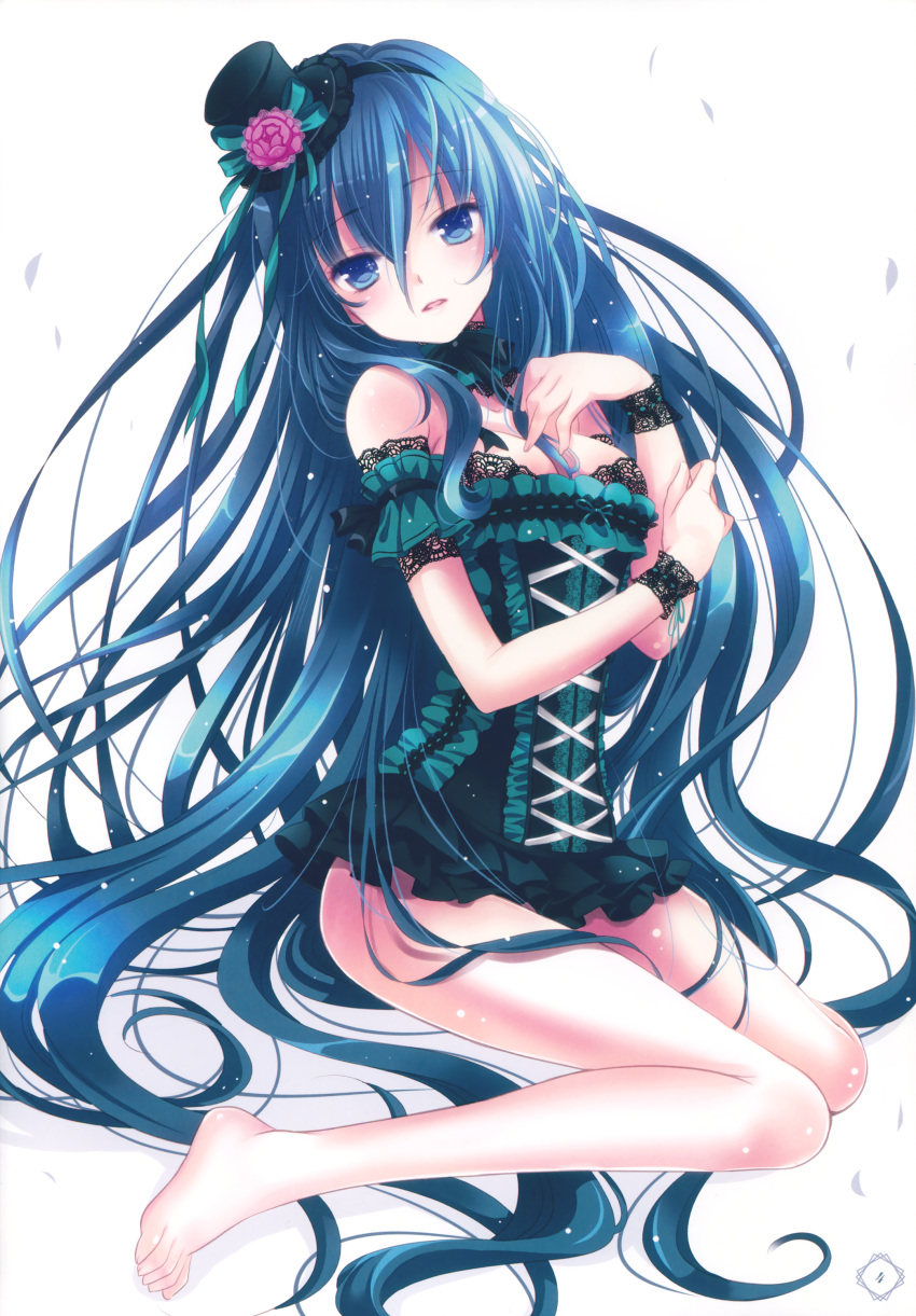 1girl absurdres barefoot black_hairband black_hat blue_eyes blue_hair breasts choker cleavage eyebrows_visible_through_hair hair_between_eyes hairband hat head_tilt highres layered_skirt long_hair looking_at_viewer medium_breasts microskirt mini_hat miyu_(tenshi_no_tsubasa) original page_number parted_lips shiny shiny_skin simple_background sitting skirt solo very_long_hair white_background