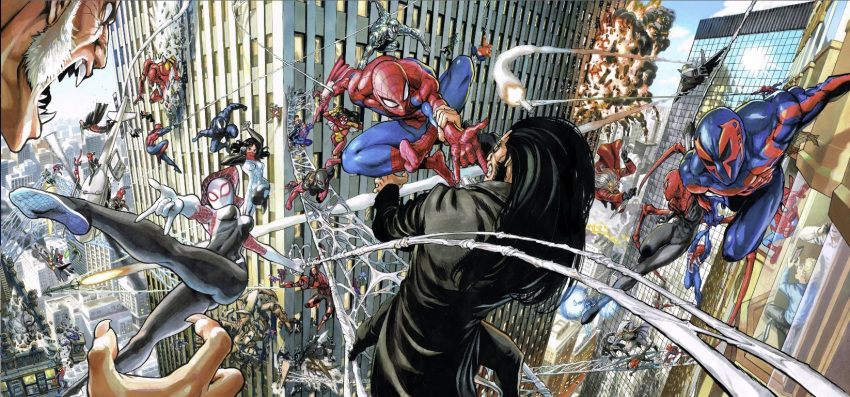 3girls 6+boys \m/ aircraft airplane battle black_hair building character_request city cityscape commentary costume crash crossover epic explosion face_mask fangs flying helicopter highres hood hoodie iron_spider_armor jet jumping long_hair marvel mask mecha missile multiple_boys multiple_girls multiple_persona murata_yuusuke official_art outdoors panorama reflection sabretooth_(marvel) silk silk_(marvel) skyscraper spider-gwen spider-man spider-man_(2099) spider-man_(series) spider-man_noir spider-woman spider_web sun superhero venom_(marvel)